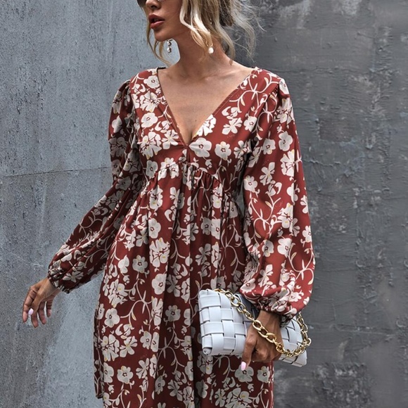 V neck open back floral print mini dress - BRICK - Picture 14 of 16